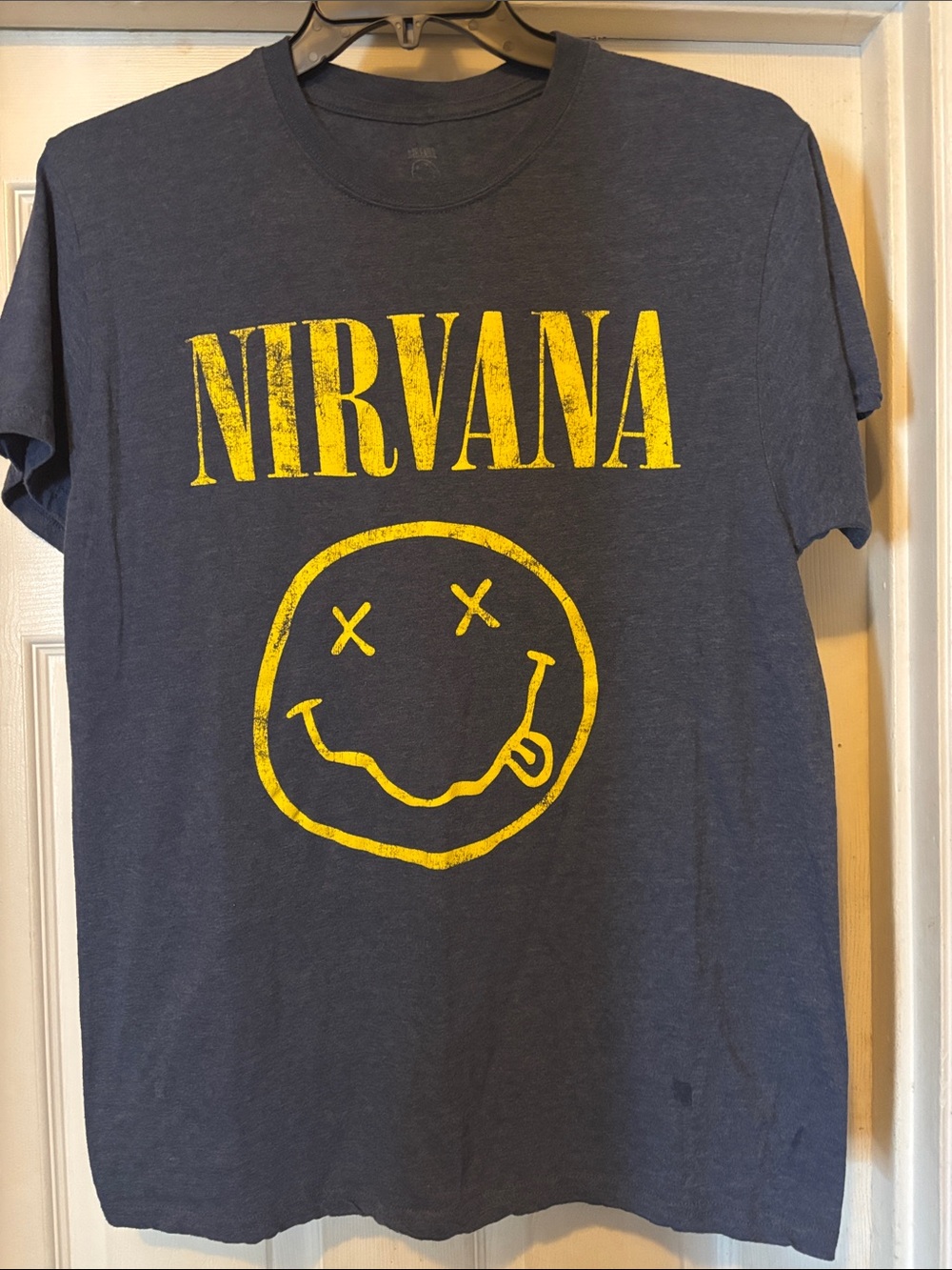 NIRVANA Navy Short Sleeve Tee with Yellow Smiley Logo NWOTS Size Large